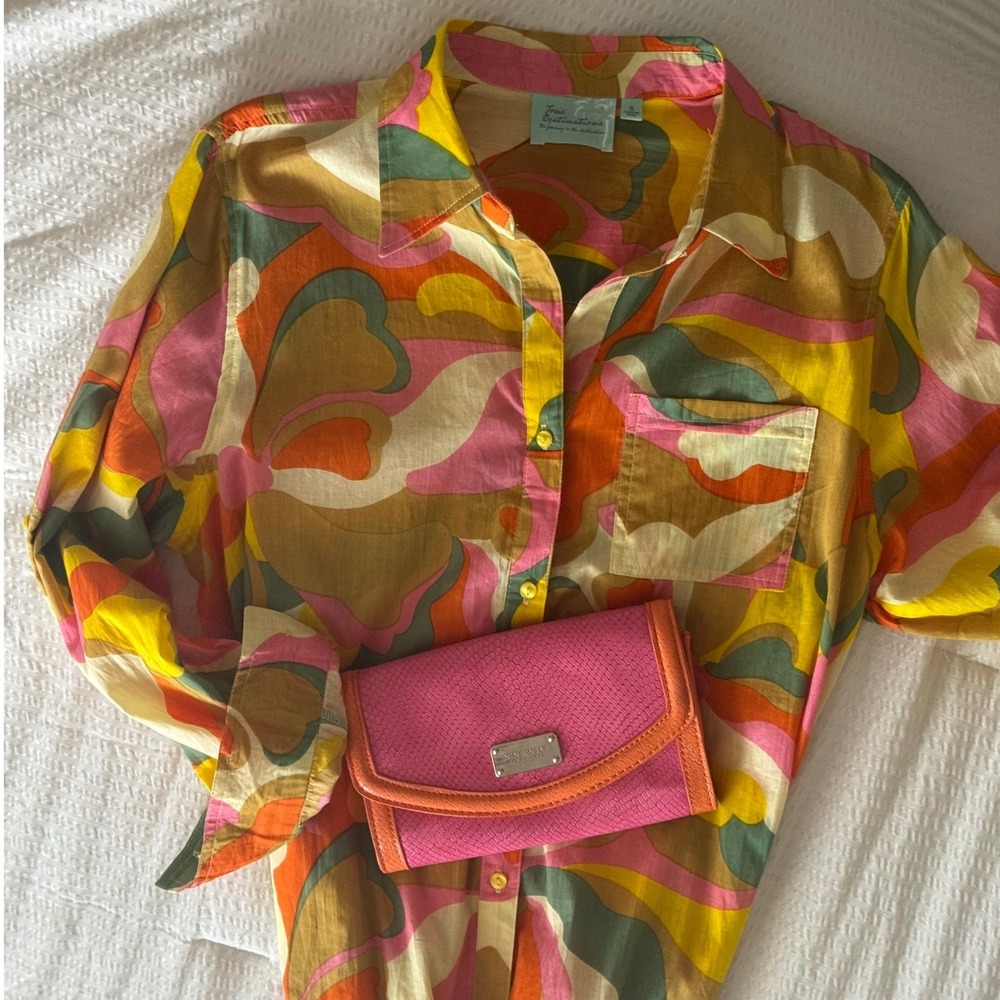 True Destinations Button Down Multicolor Psychedelic Floral Women Small